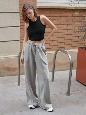 Maija Women's Solid Drawstring Waist Pockets Straight Loose Casual Pants