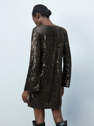Maija Women's Solid V-Neck Long Sleeve Sequin Embellished Stylish Short Dress