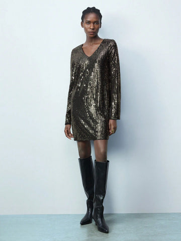 Maija Women's Solid V-Neck Long Sleeve Sequin Embellished Stylish Short Dress