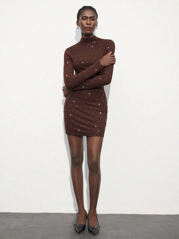 Maija Women's Stand Collar Long Sleeve Minimalist Short Dress, Casual Day-To-Day