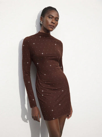 Maija Women's Stand Collar Long Sleeve Minimalist Short Dress, Casual Day-To-Day