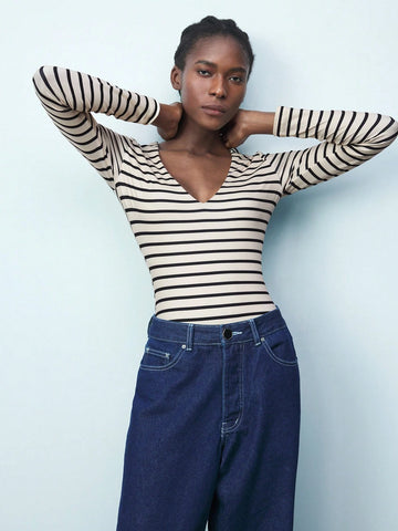 Maija Women's Striped V-Neck Long Sleeve Casual T-Shirt Bodysuit