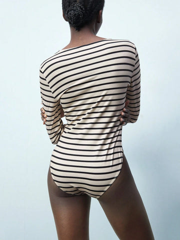 Maija Women's Striped V-Neck Long Sleeve Casual T-Shirt Bodysuit