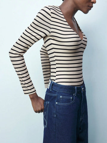 Maija Women's Striped V-Neck Long Sleeve Casual T-Shirt Bodysuit
