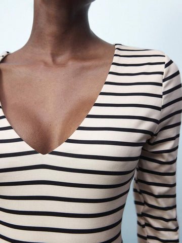 Maija Women's Striped V-Neck Long Sleeve Casual T-Shirt Bodysuit