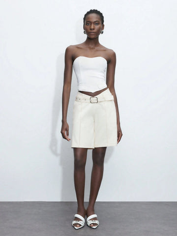 Maija Women's Summer Autumn Low Waist V-Neck Business Casual Retro Graduation Solid Color With Belt Shorts