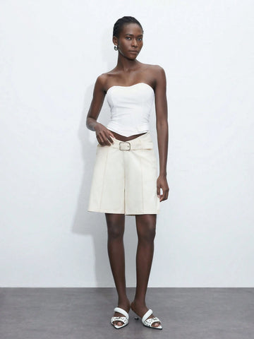 Maija Women's Summer Autumn Low Waist V-Neck Business Casual Retro Graduation Solid Color With Belt Shorts