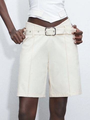 Maija Women's Summer Autumn Low Waist V-Neck Business Casual Retro Graduation Solid Color With Belt Shorts