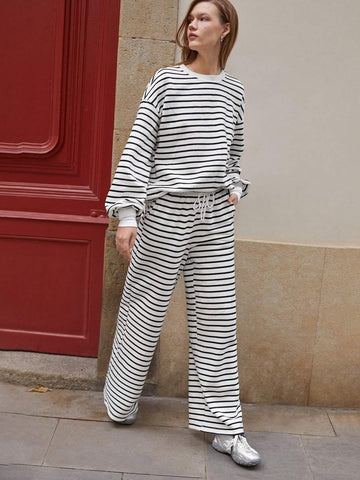 Maija Women's Tie Front Pocket Striped Simple Casual Sweatpants, Everyday Wear