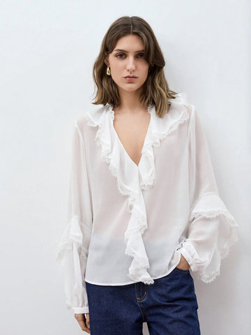 Maija Women's V-Neck Ruffle Trim Puff Sleeve Blouse, Early Spring Urban Chic Versatile Loose Oversized White Long Sleeve Front Button Shirt With Ruffle Detail