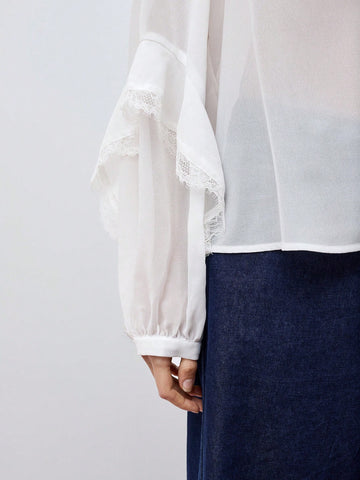 Maija Women's V-Neck Ruffle Trim Puff Sleeve Blouse, Early Spring Urban Chic Versatile Loose Oversized White Long Sleeve Front Button Shirt With Ruffle Detail