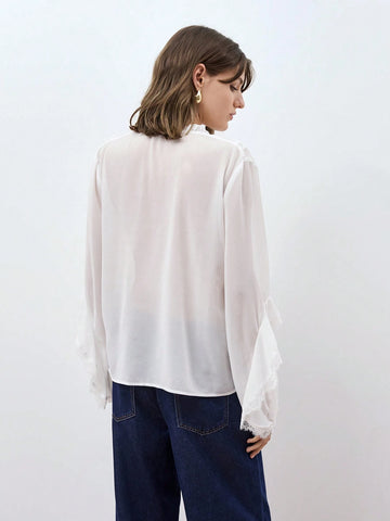 Maija Women's V-Neck Ruffle Trim Puff Sleeve Blouse, Early Spring Urban Chic Versatile Loose Oversized White Long Sleeve Front Button Shirt With Ruffle Detail