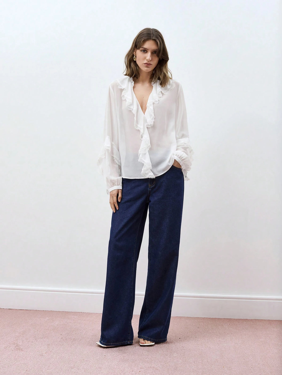 Maija Women's V-Neck Ruffle Trim Puff Sleeve Blouse, Early Spring Urban Chic Versatile Loose Oversized White Long Sleeve Front Button Shirt With Ruffle Detail