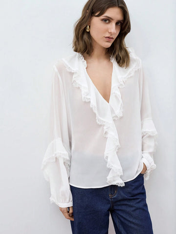Maija Women's V-Neck Ruffle Trim Puff Sleeve Blouse, Early Spring Urban Chic Versatile Loose Oversized White Long Sleeve Front Button Shirt With Ruffle Detail