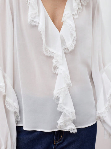 Maija Women's V-Neck Ruffle Trim Puff Sleeve Blouse, Early Spring Urban Chic Versatile Loose Oversized White Long Sleeve Front Button Shirt With Ruffle Detail