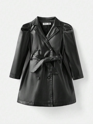 Young Girl Bodycon Casual Lapel PU Leather Belt Waist Dress