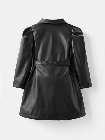 Young Girl Bodycon Casual Lapel PU Leather Belt Waist Dress