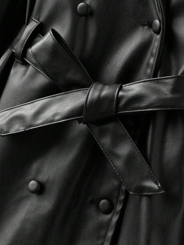 Young Girl Bodycon Casual Lapel PU Leather Belt Waist Dress