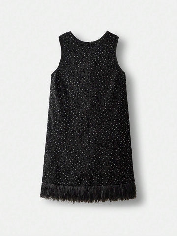 Young Girl Casual Fuzzy Hem Metallic Yarn Splice Dress