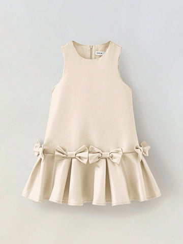 Young Girl Casual Round Neck Bow Decor Jumpsuit Dress Young Girl