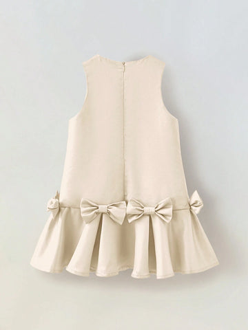 Young Girl Casual Round Neck Bow Decor Jumpsuit Dress Young Girl