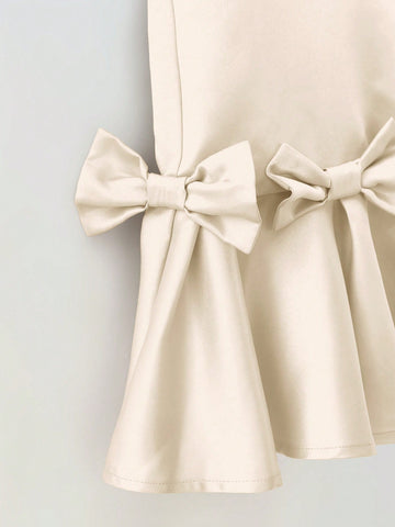 Young Girl Casual Round Neck Bow Decor Jumpsuit Dress Young Girl