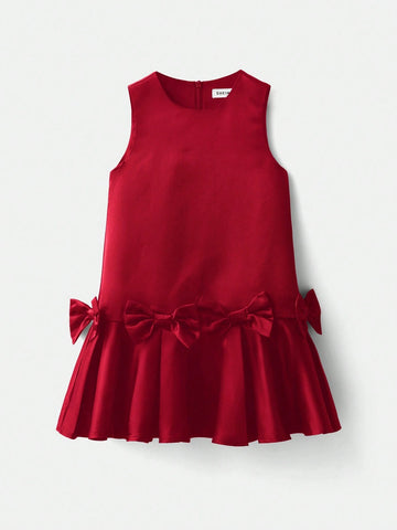 Maija Young Girl Casual Round Neck Bow Decor Jumpsuit Dress