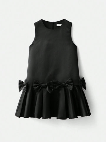 Young Girl Casual Round Neck Bow Decor Jumpsuit Dress