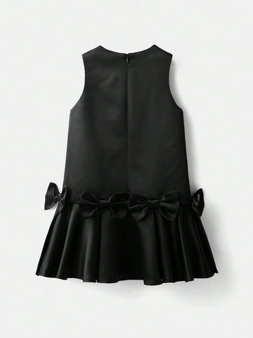 Young Girl Casual Round Neck Bow Decor Jumpsuit Dress