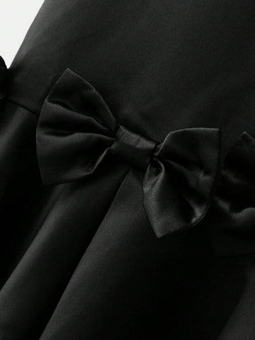 Young Girl Casual Round Neck Bow Decor Jumpsuit Dress