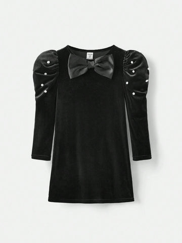 Young Girl Casual Velvet Bow Tie Jumpsuit Dress