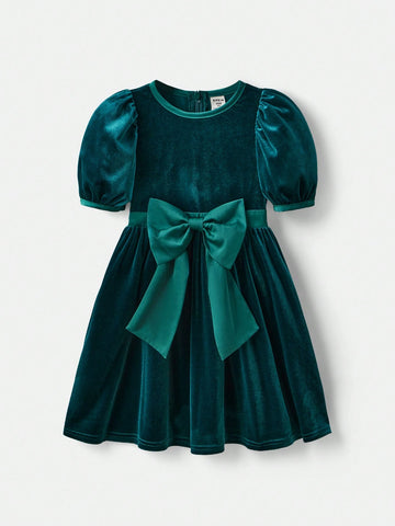Young Girl Casual Velvet Short Sleeve Bow Tie Mini Dress