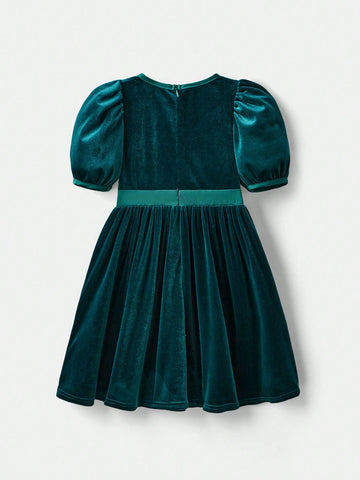 Young Girl Casual Velvet Short Sleeve Bow Tie Mini Dress