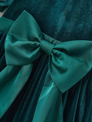 Young Girl Casual Velvet Short Sleeve Bow Tie Mini Dress