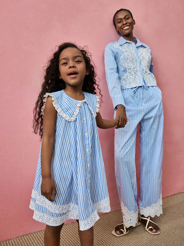 Young Girl Classic Blue & White Striped Dress, School Style Casual Outdoor/Home/Back To School Fashion Versatile, Loose A-Line Dress