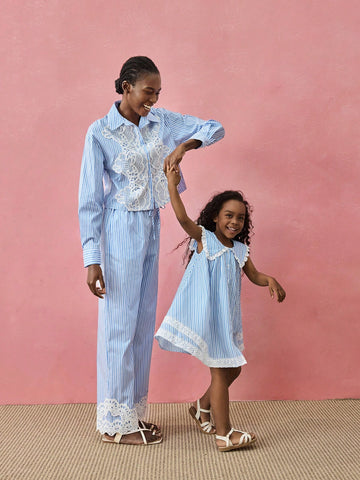 Young Girl Classic Blue & White Striped Dress, School Style Casual Outdoor/Home/Back To School Fashion Versatile, Loose A-Line Dress