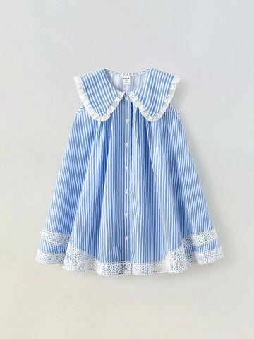 Young Girl Classic Blue & White Striped Dress, School Style Casual Outdoor/Home/Back To School Fashion Versatile, Loose A-Line Dress