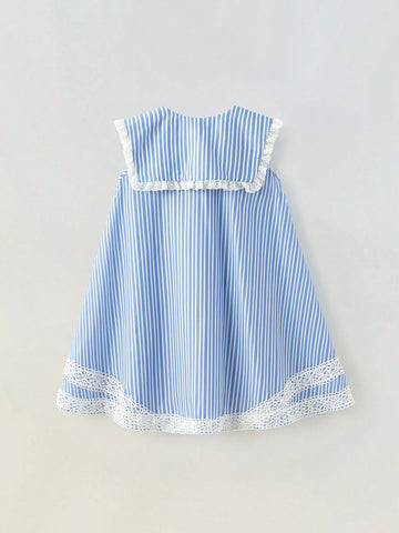 Young Girl Classic Blue & White Striped Dress, School Style Casual Outdoor/Home/Back To School Fashion Versatile, Loose A-Line Dress
