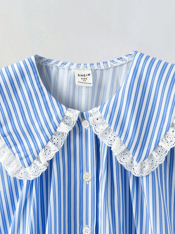 Young Girl Classic Blue & White Striped Dress, School Style Casual Outdoor/Home/Back To School Fashion Versatile, Loose A-Line Dress