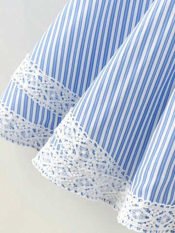 Young Girl Classic Blue & White Striped Dress, School Style Casual Outdoor/Home/Back To School Fashion Versatile, Loose A-Line Dress