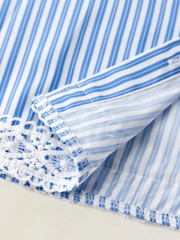 Young Girl Classic Blue & White Striped Dress, School Style Casual Outdoor/Home/Back To School Fashion Versatile, Loose A-Line Dress