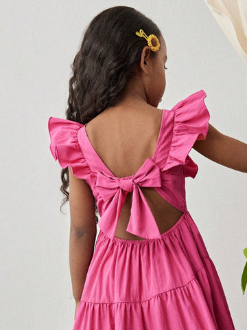 Young Girl Fashion Casual Holiday Outdoor & Indoor Versatile Solid Fuchsia Ruffle Sleeve, Bowknot Back Asymmetrical Hem Split Long Dress,