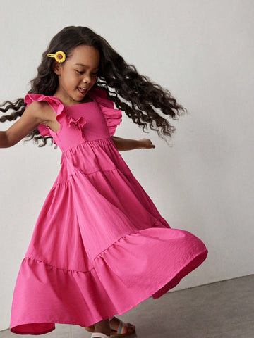 Young Girl Fashion Casual Holiday Outdoor & Indoor Versatile Solid Fuchsia Ruffle Sleeve, Bowknot Back Asymmetrical Hem Split Long Dress,