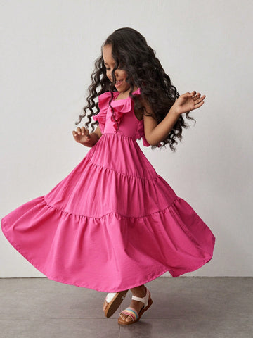 Young Girl Fashion Casual Holiday Outdoor & Indoor Versatile Solid Fuchsia Ruffle Sleeve, Bowknot Back Asymmetrical Hem Split Long Dress,
