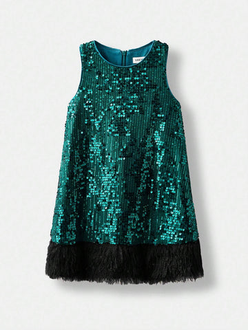 Young Girl Fused Casual Sequin & Faux Fur Vest Dress