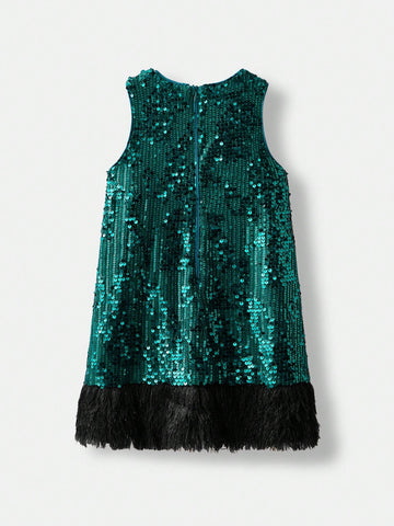 Young Girl Fused Casual Sequin & Faux Fur Vest Dress