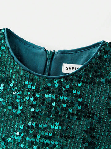 Young Girl Fused Casual Sequin & Faux Fur Vest Dress