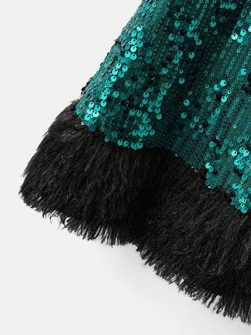 Young Girl Fused Casual Sequin & Faux Fur Vest Dress