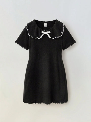 Maija Young Girl Fused Collar Bow Decor Short Sleeve Dress
