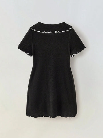 Maija Young Girl Fused Collar Bow Decor Short Sleeve Dress